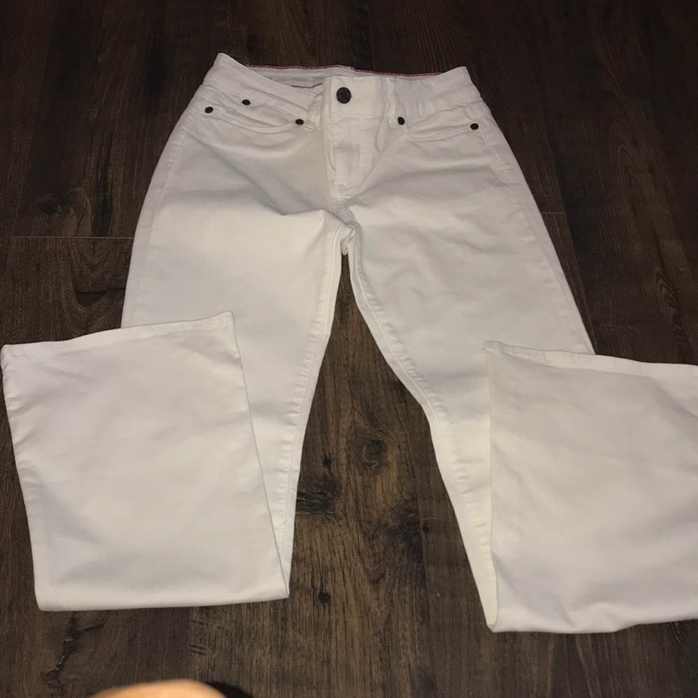 Talbots cream colored flare jeans.